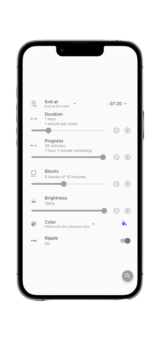 The Timeline app showing duration, progress, time blocks, brightness and colour controls